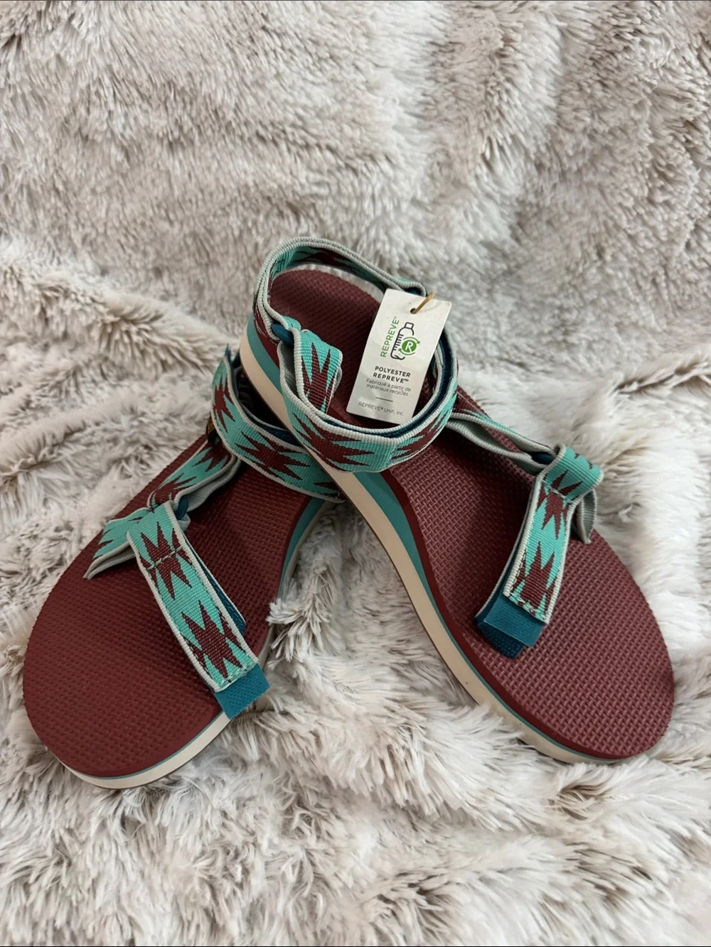 Teva Women’s Turquoise Patterned Strap Sandals with Burgundy Footbed